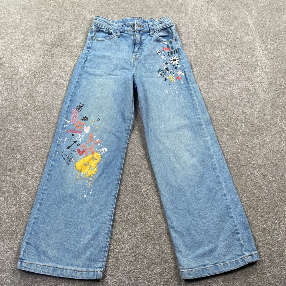 Art Class Wide Leg Jeans Girls Size 12 Light Blue Doodle Graphic Paint Splatter
